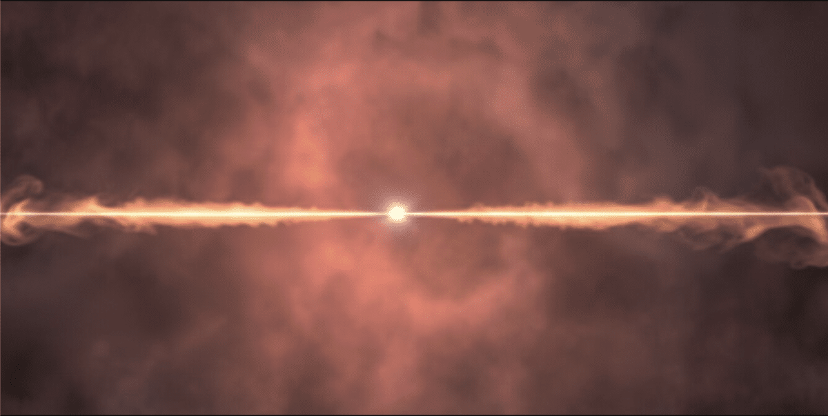    Космический объект в представлении художника: в центре — яркая точка, от которой в обе стороны тянется тонкий светящийся луч или джет. Вокруг виден диск из газа и пыли, окрашенный в оранжево-красные тона, что создает впечатление аккреционного диска вокруг черной дыры. / © NASA's Goddard Space Flight Center Conceptual Image Lab