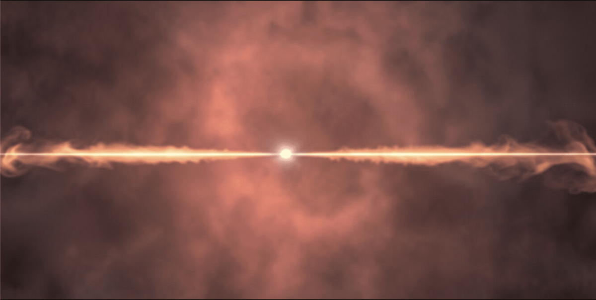 Космический объект в представлении художника: в центре — яркая точка, от которой в обе стороны тянется тонкий светящийся луч или джет. Вокруг виден диск из газа и пыли, окрашенный в оранжево-красные тона, что создает впечатление аккреционного диска вокруг черной дыры. / © NASA's Goddard Space Flight Center Conceptual Image Lab