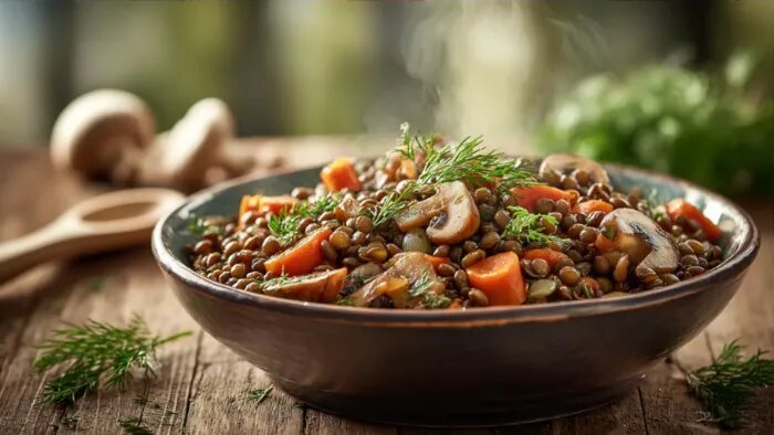 Тёплый салат из чечевицы с грибами и томлёной морковью