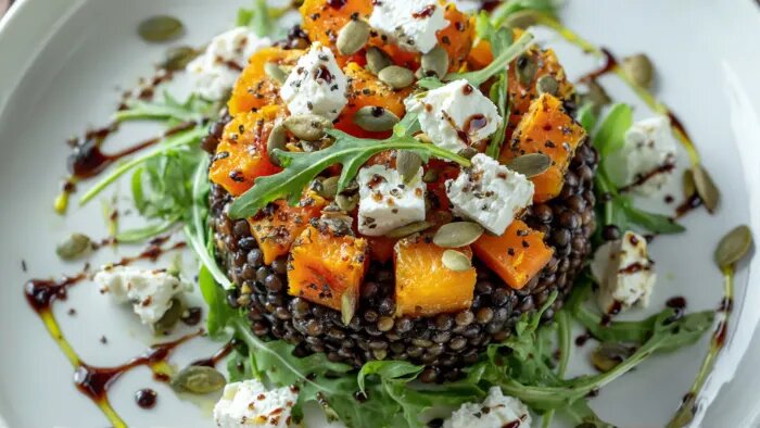Салат из чечевицы с запечённой тыквой и брынзой
