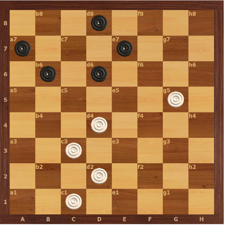 1. d2-e3 d6-c5 (1… b6-c5 3. c3-d4 cb4 4.f4 a3 5.de5 dc5 6.ef6 cb4 7.fg7 f6 8.e5 c3 9.gf6 ab2 10…cd2 11.fg7x) 2.cb4 3.de5 bc5 4. ef6 cb4 5. fg7 f6 6.e5 c3 7.h6 cd2 8.hg7 9.gh8x