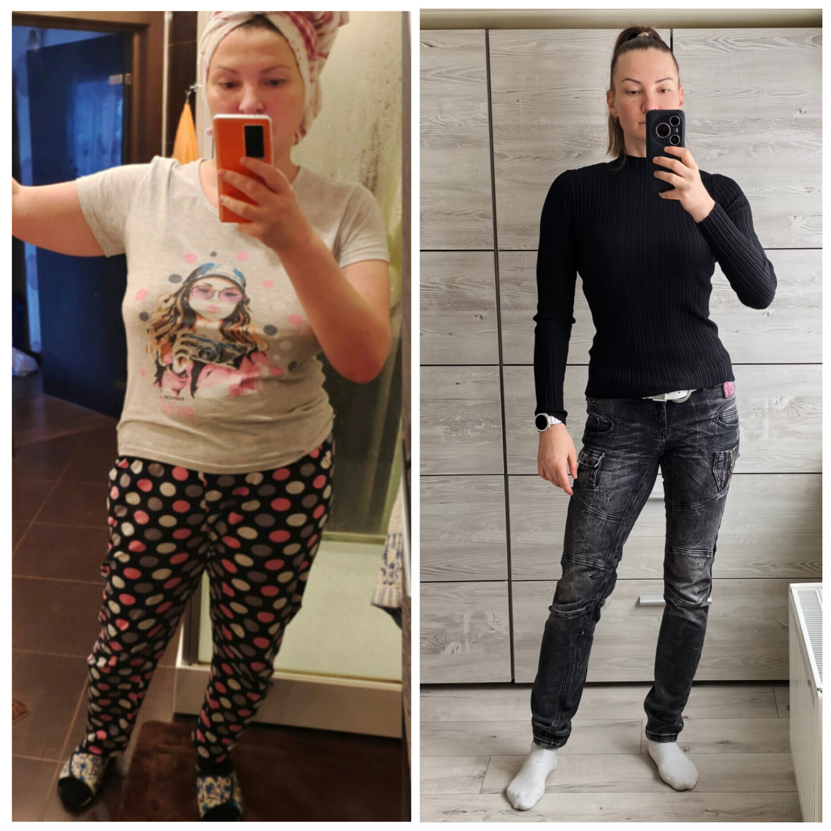 Новый коллаж, свежее фото в одежде. Тренировки сильно меняют силуэт. Мне в телеге все написали, что не хватает объема в бедрах, но у всех мышцы по-разному отзываются на тренинг. У меня сильнее отзывается верх тела, с низом придется подольше поработать.