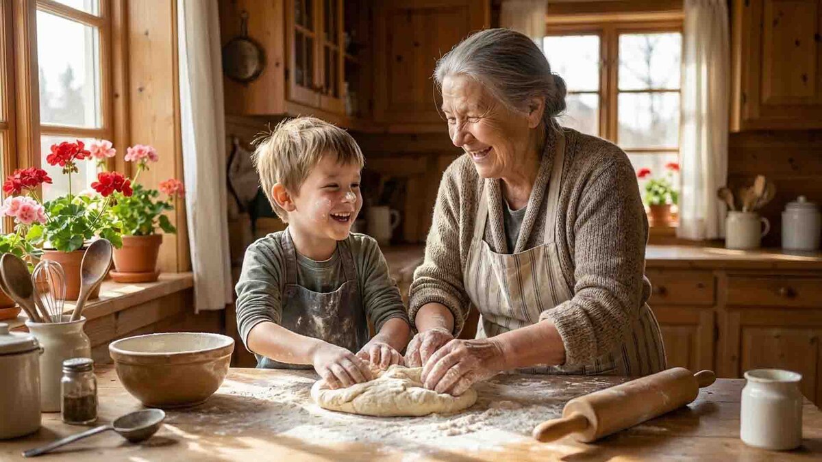 Момент глубокого тактильного контакта. Внук и бабушка, измазанные мукой, создают кулинарный шедевр. Смех и радость — главные драйверы записи долгосрочных воспоминаний.