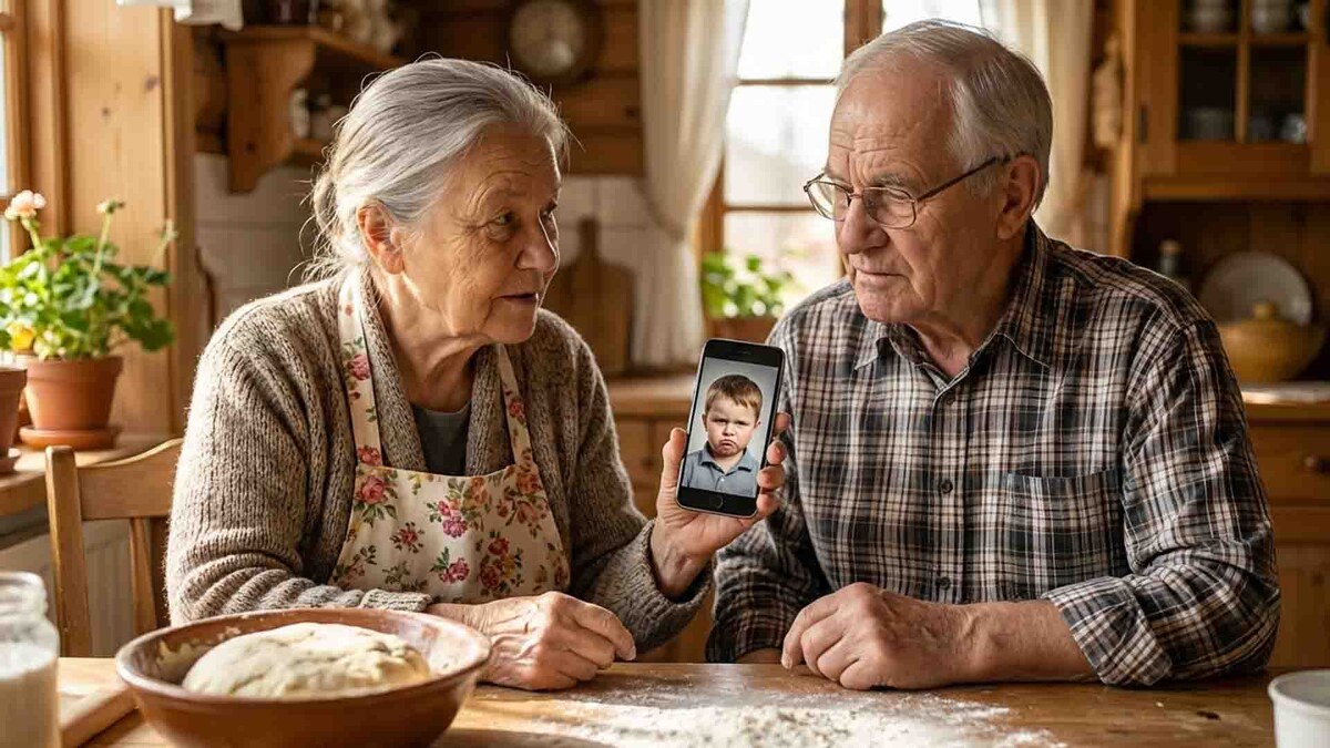 Мария Ивановна и Иван Петрович на уютной кухне обсуждают поведение внука. Взгляд инженера полон аналитического интереса, а бабушка воплощает само спокойствие и домашний уют. На столе — заготовки для будущих «манипуляций».