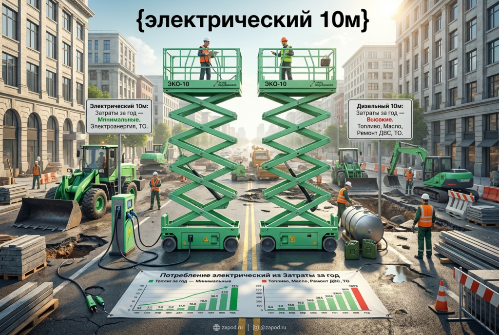 Сравнение затрат электрического и дизельного 10‑метрового самоходного ножничного подъёмника — это оценка годовых расходов на энергию, обслуживание и простой техники, которая помогает выбрать оптимальную машину под реальные условия эксплуатации в России