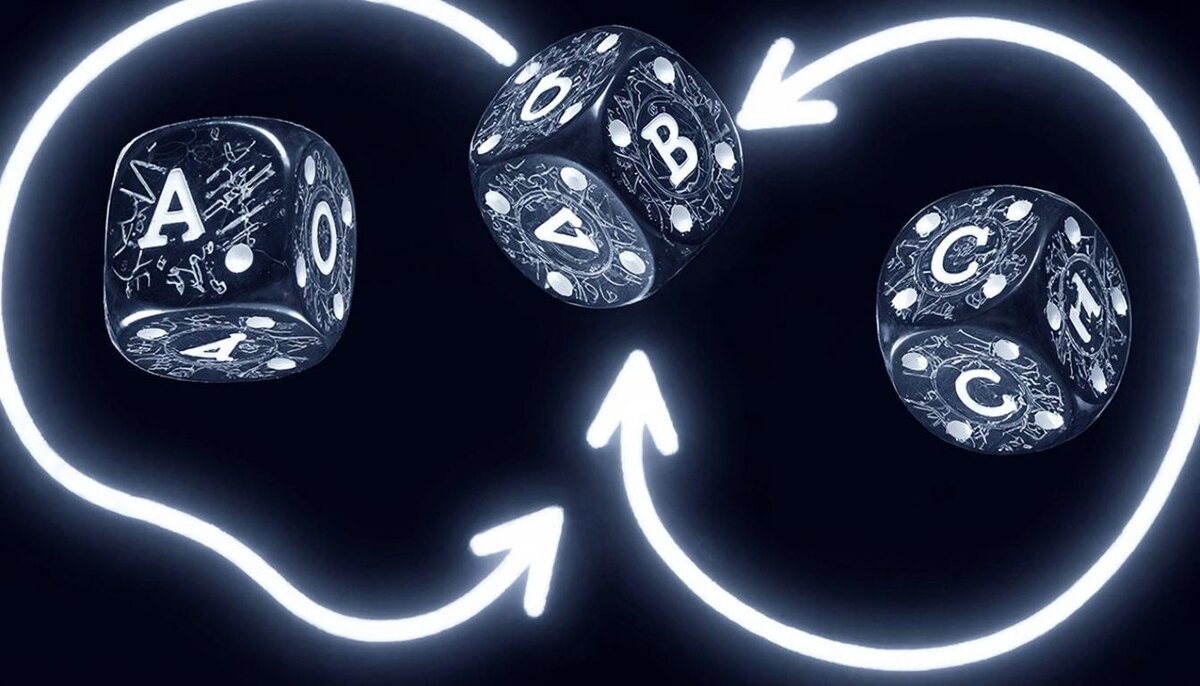 Гарднер показал кубики, которые ведут себя как «камень, ножницы, бумага»: А выигрывает у В, В у С, но С выигрывает у А. Нетранзитивность оказалась скрытой пружиной сложности – от бактерий до экономики. 