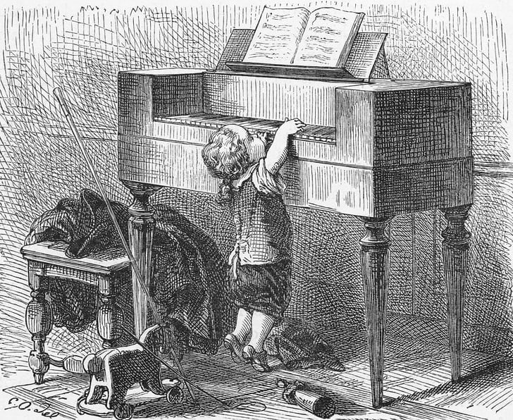 Маленький Моцарт пытается музицировать. Гравюра XIX века