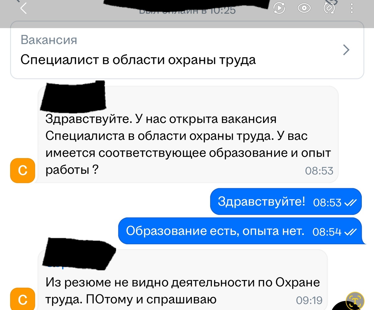 Скриншот чата с потенциальным работодателем 