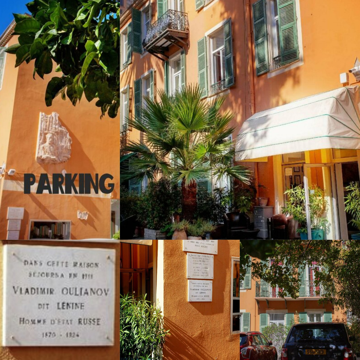 Отель "Оазис" во французском курортном городе Ницце, где проживал В. И. Ленин в 1909 году. В левом нижнем углу мемориальная доска в память об этом. Коллаж автора из фото в свободном доступе 