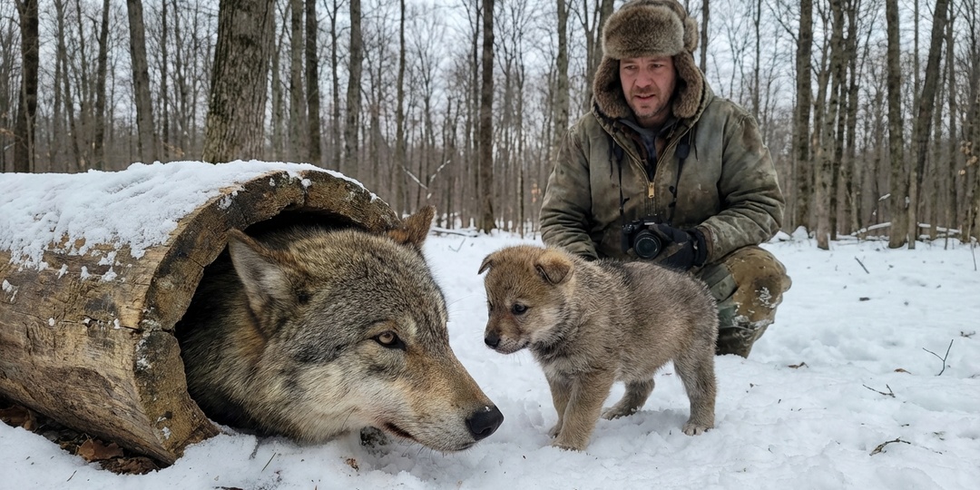 Волчонок 14 дней грел умирающую мать своим телом. Увидев это, охотник опустил ружьё — и поставил на кон собственный дом