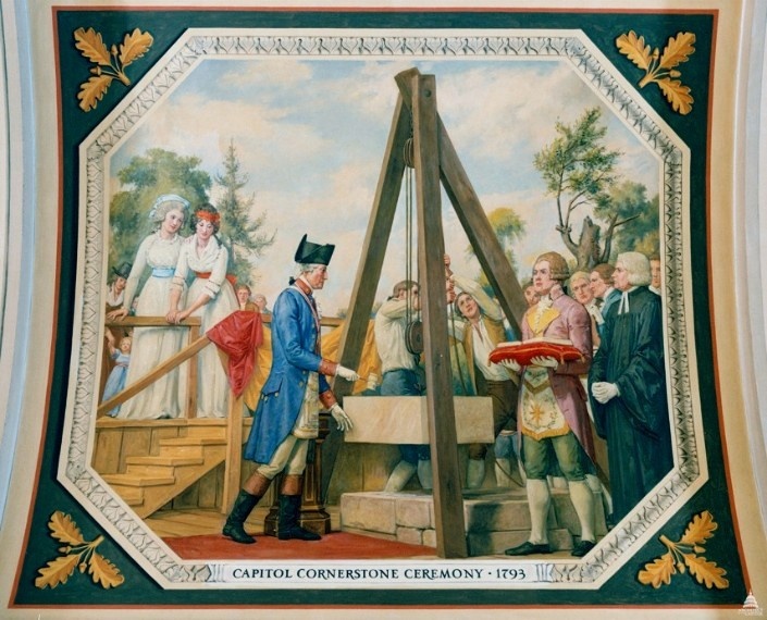 Рис. 1. Джордж Вашингтон участвует в масонской церемонии закладки краеугольного камня в основание Капитолия США 18 сентября 1793 года. Картина художника Аллен Кокс 1973–1974 гг. Находится в южном крыле Капитолия США