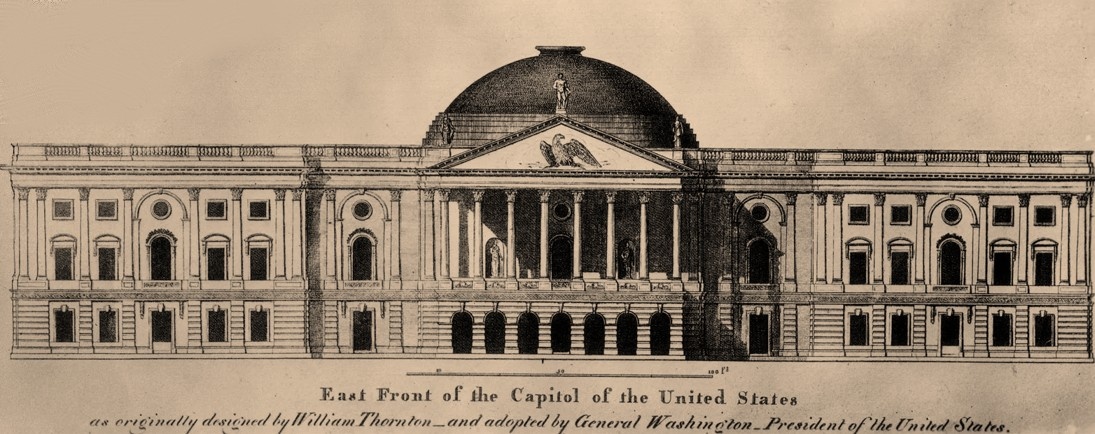 Рис. 2. Восточный фасад Капитолия США. Официально утвержденный Президентом США Дж. Вашингтоном проект, разработанный Уильямом Тронтоном (анг.  William Thornton) 1792-1793 гг.  