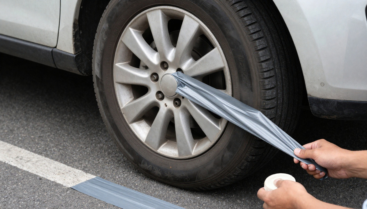 Наматывание скотча на колесо автомобиля