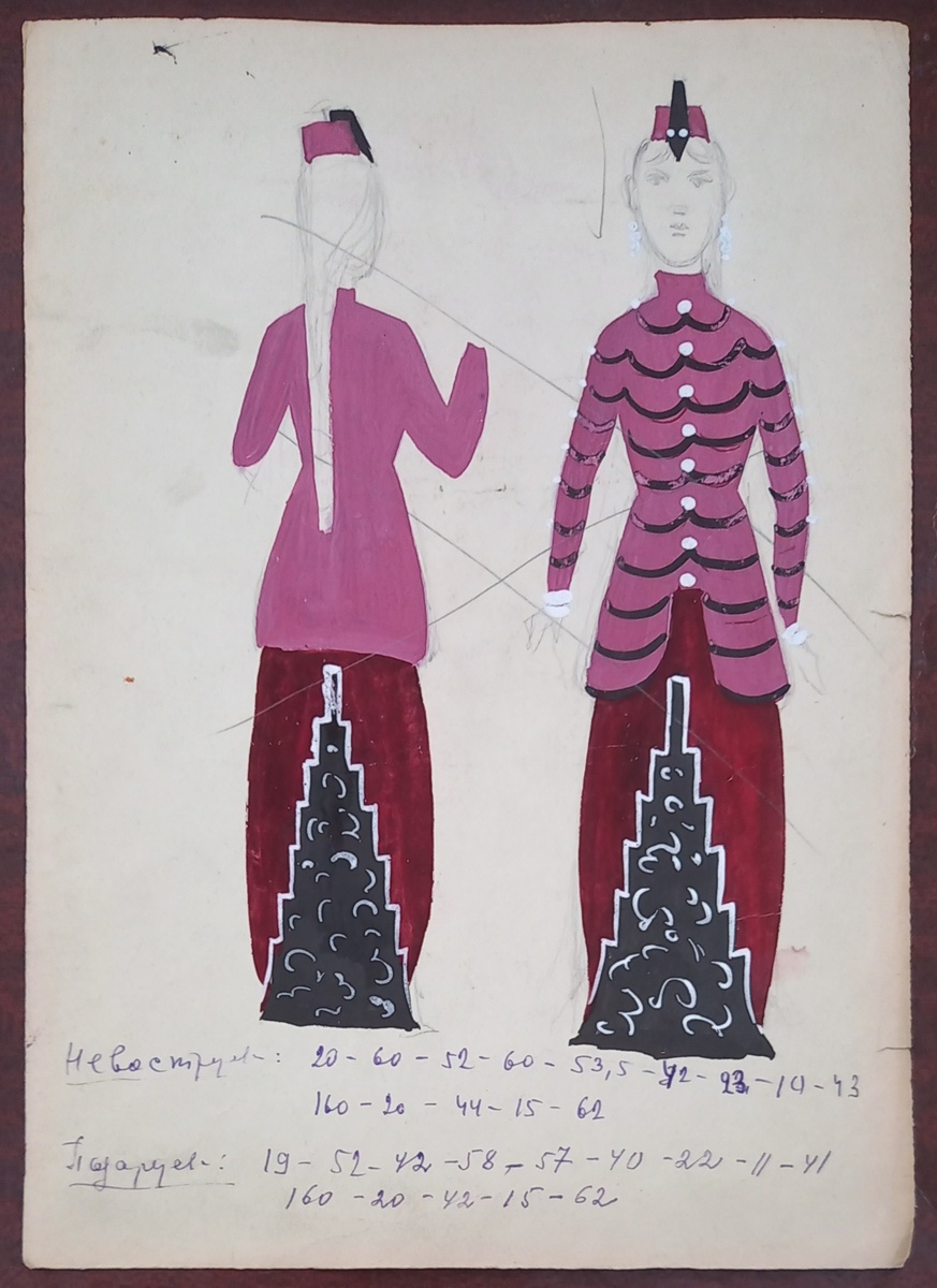 Художники Блиновы Н. А. и Н. Ф.. 1964 г.. Костюмный эскиз к спектаклю Свердловского ТЮЗа "Одолень-трава". Бумага (размер 29,7х41,8 см), гуашь. Из архива автора.