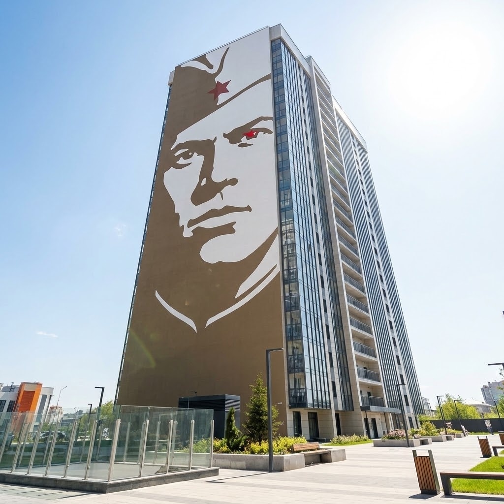 Фасад жилого дом с рисуноком на тему героев Отечества