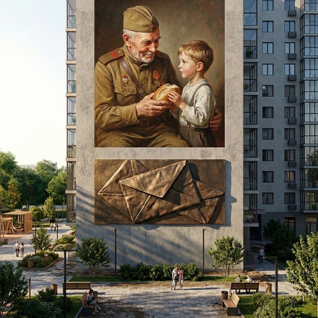 Фактурная инсталяция на фасаде многоэтажки