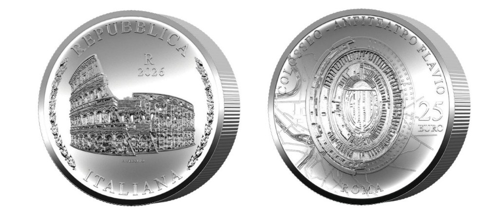    Аверс серебряной монеты 25 евро Италия Колизей Флавиев амфитеатр вес 1 кг диаметр 80 мм лавровый венок знак монетного двора R художник A Vecchio