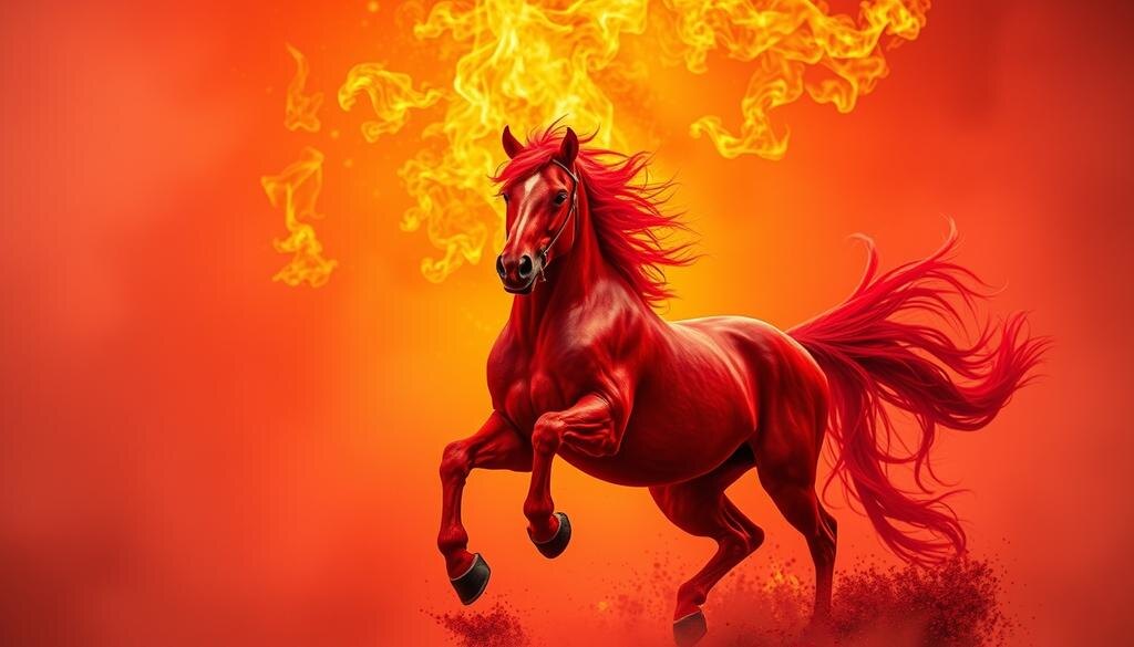    Яркая сцена с великолепной красной лошадью, символизирующей силу и страсть, окруженной огненными языками.