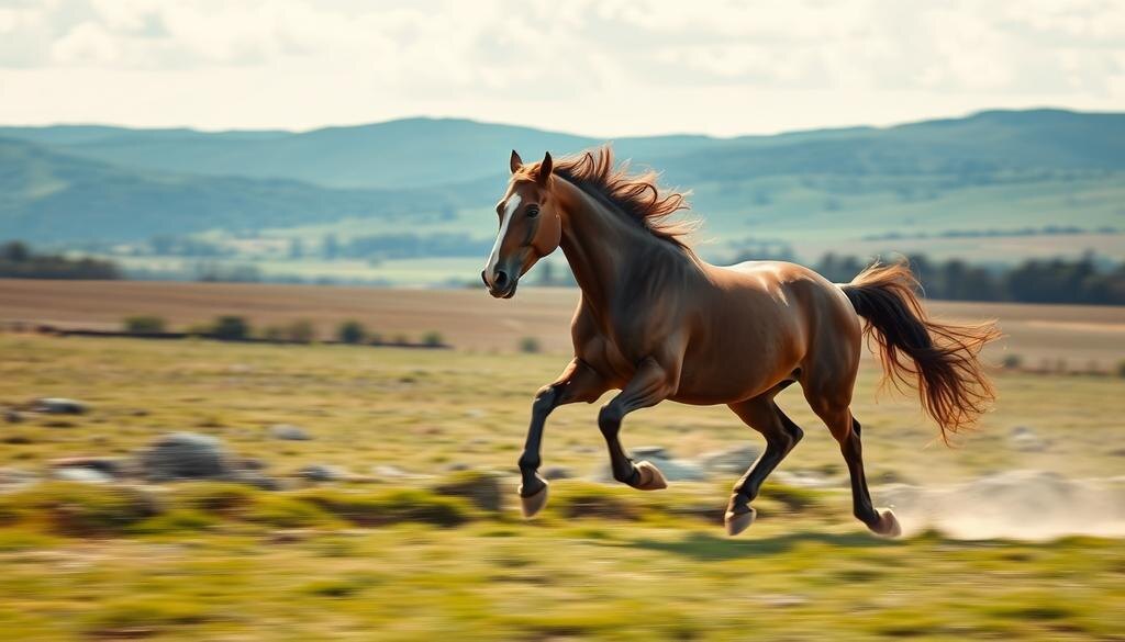    Мощная лошадь, мчащаяся через живописный пейзаж, олицетворяющая скорость и грацию в свободной обстановке.