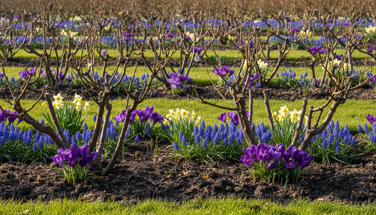 Апрельское пробуждение розария: пока розы ещё спят после весенней обрезки, между кустами разворачивается первый акт сезона — крокусы, мускари и нарциссы превращают голую землю в цветущий ковёр