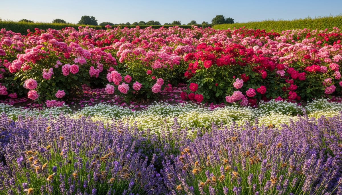 Июльский пик: розы царствуют в окружении верной свиты — лаванда отпугивает тлю ароматом, котовник добавляет синеву, а белый алиссум укрывает почву живым ковром и сохраняет драгоценную влагу
