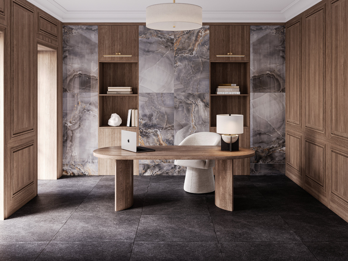 Керамогранит Белиз с текстурой оникса в интерьере кабинета. Фото: Estima
