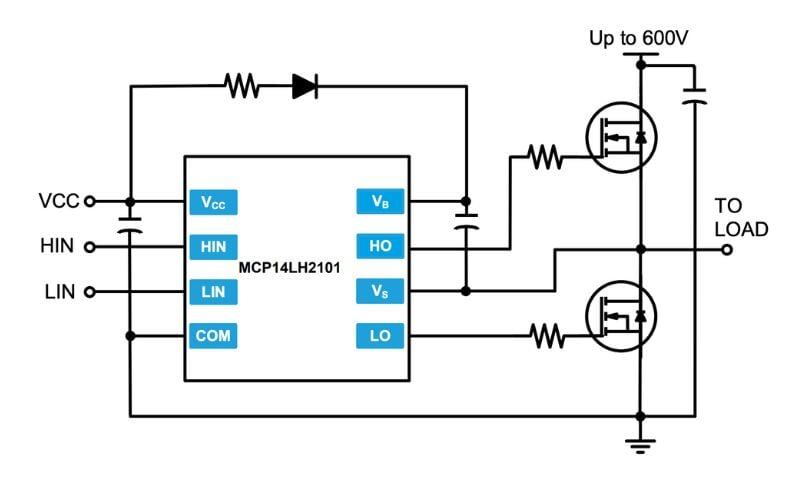 Типичное применение драйверов нижнего и верхнего затворов. Изображение предоставлено Microchip