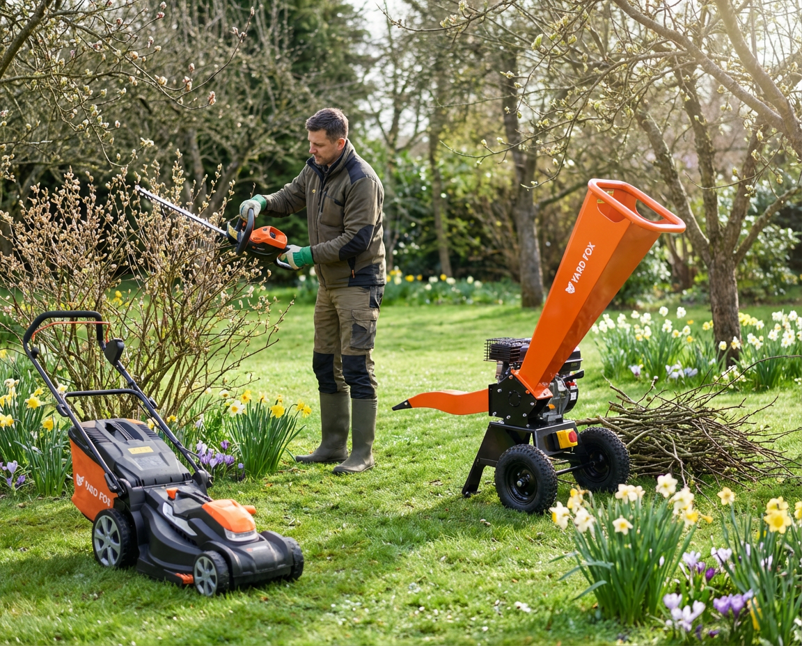 На фото: аккумуляторные косилка и кусторез из семейства техники 40, и бензиновый измельчитель YARD FOX