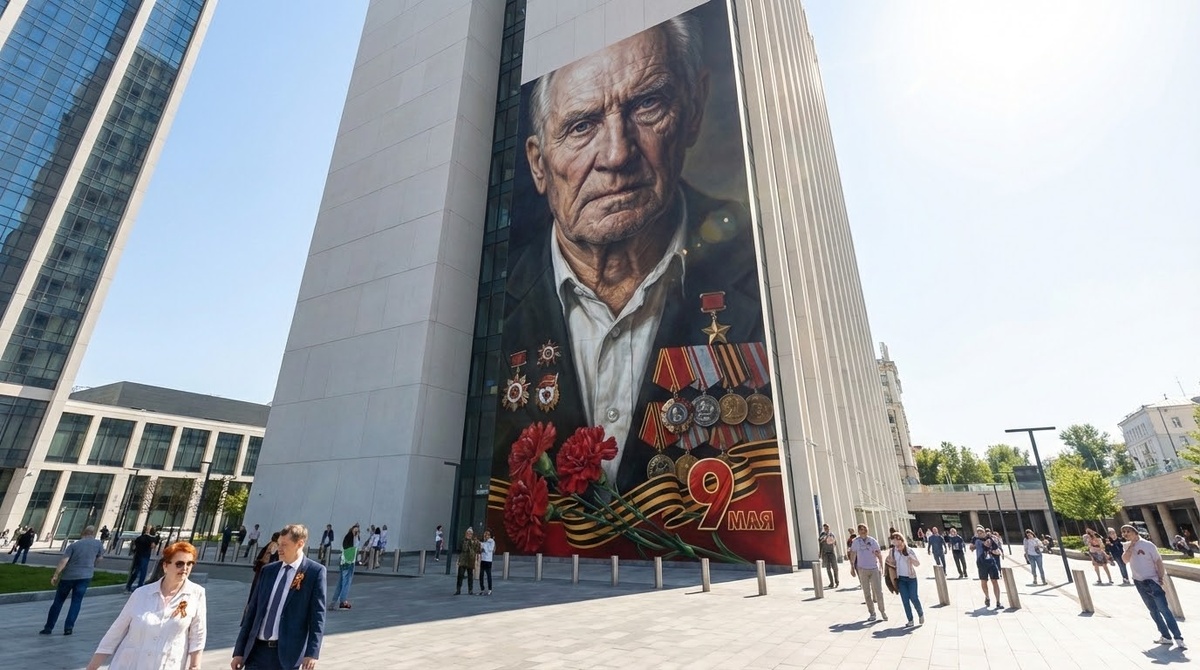 Мурал памяти Герою Победы на стене бизнес центра