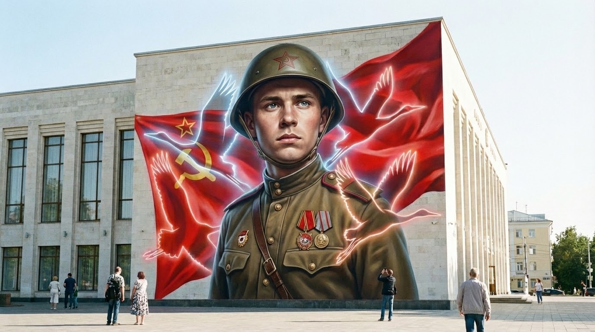 Монументальный мурал в патриотическом стиле на фасаде здания администрации