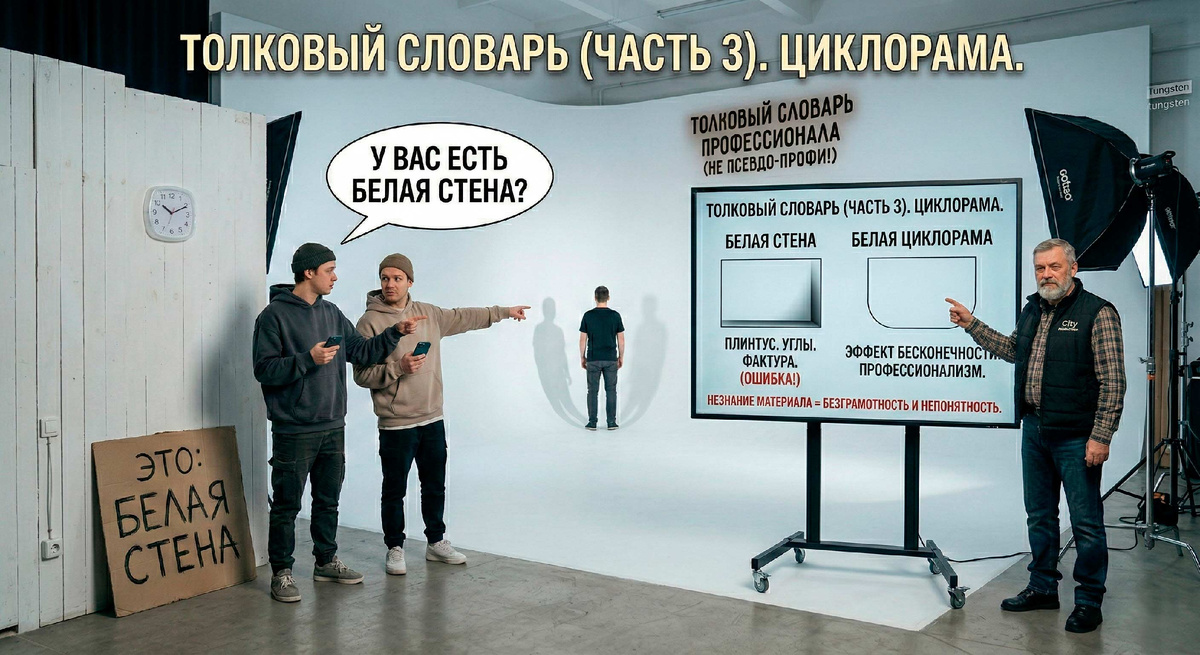 Conceptual-фото в Белой Студии, иллюстрирующее разницу между белой стеной с плинтусом и профессиональной циклорамой. 