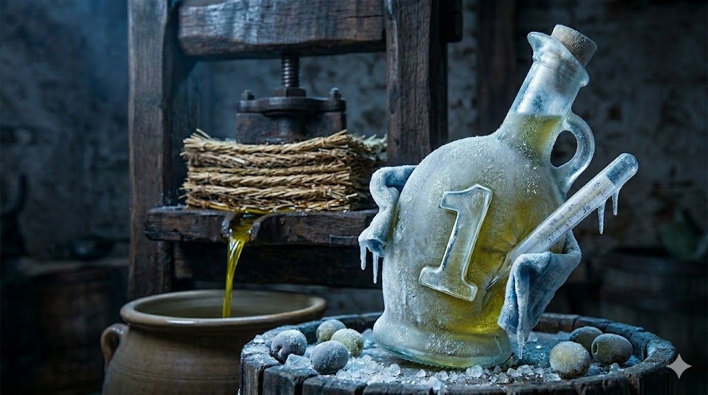 Ироничная иллюстрация мифа о "первом холодном отжиме" оливкового масла.