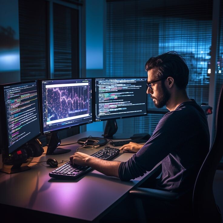 Современный офис, человек работает за ноутбуком, рядом графики или интерфейс ИИ.