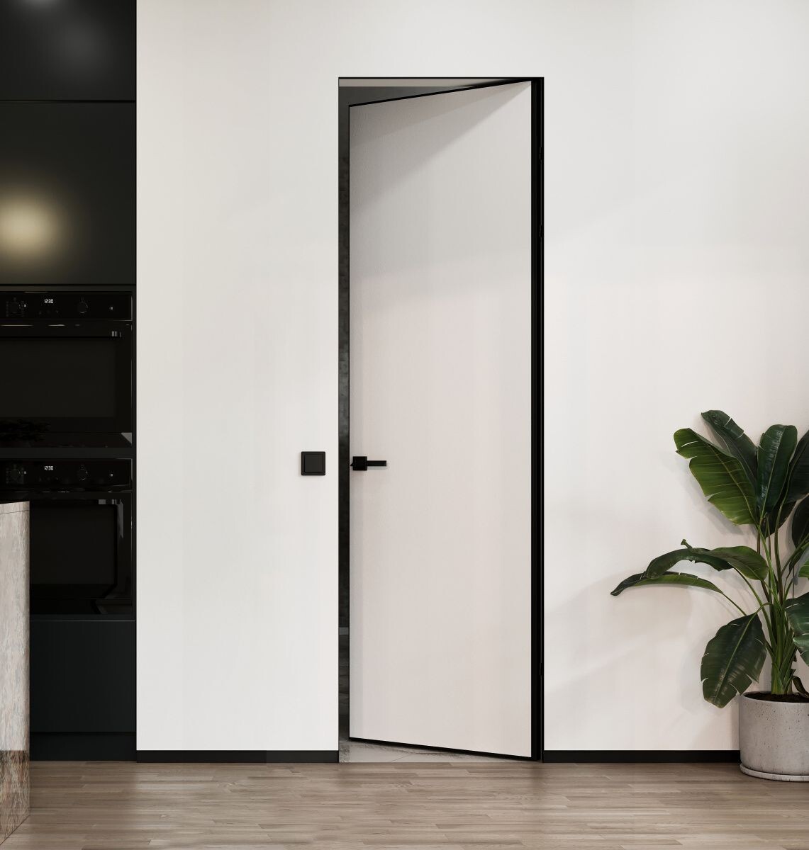 скрытыя дверь с внутренним открыванием.