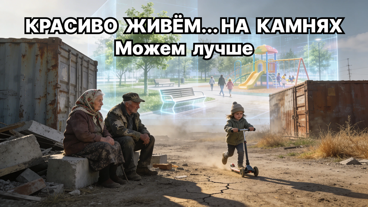 Пустырь на улице Пограничная в Находке, где пожилые люди сидят на бетонных блоках. Рядом ребенок играет в пыли. Контраст с будущим проектом благоустройства территории. Инициативная группа жителей района улиц Пограничная, Советская, Мичурина и Вавилова.