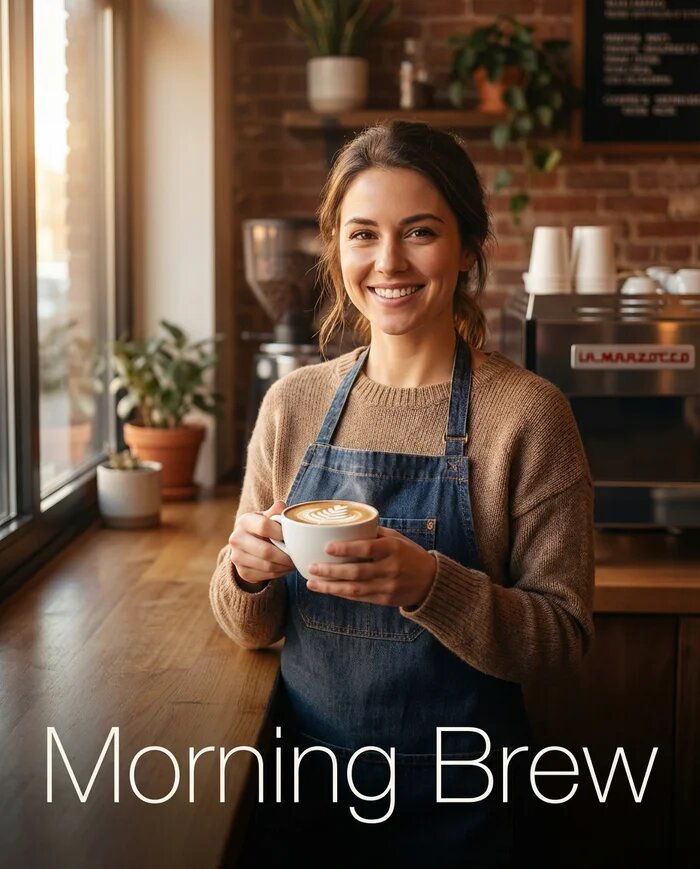 Создай фотореалистичный портрет девушки-баристы за стойкой кофейни. Формат 4:5. Мягкий боковой свет из окна, теплая палитра. В руках белая чашка с латте-артом. Текст в нижней трети: 'Morning Brew'. Шрифт - тонкий гротеск, белый цвет. Разрешение 2K