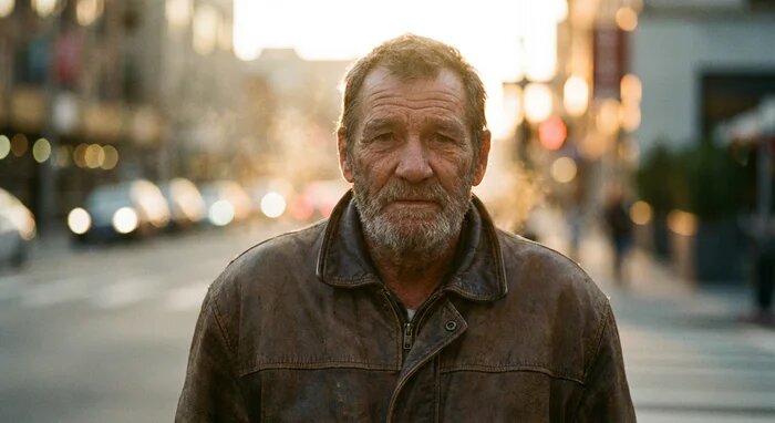 Портрет мужчины в кожаной куртке, 85 мм, f/1.8, малая глубина резкости. Мягкий золотистый свет заката, легкая дымка на фоне. Городская улица размыта в боке