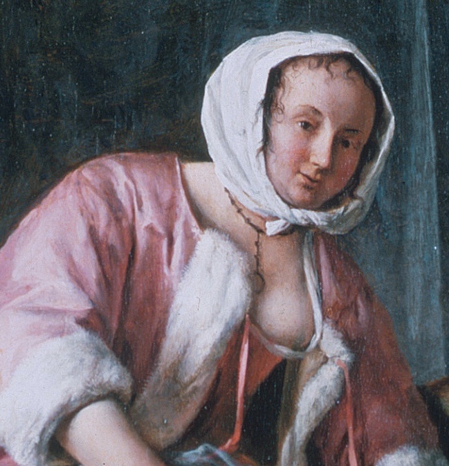 Ян Стен, «Женщина за туалетом», 1663 год. Фрагмент. Деревянная панель, масло. 65,8 см × 53 см. Королевская коллекция, Букингемский дворец, Великобритания. 