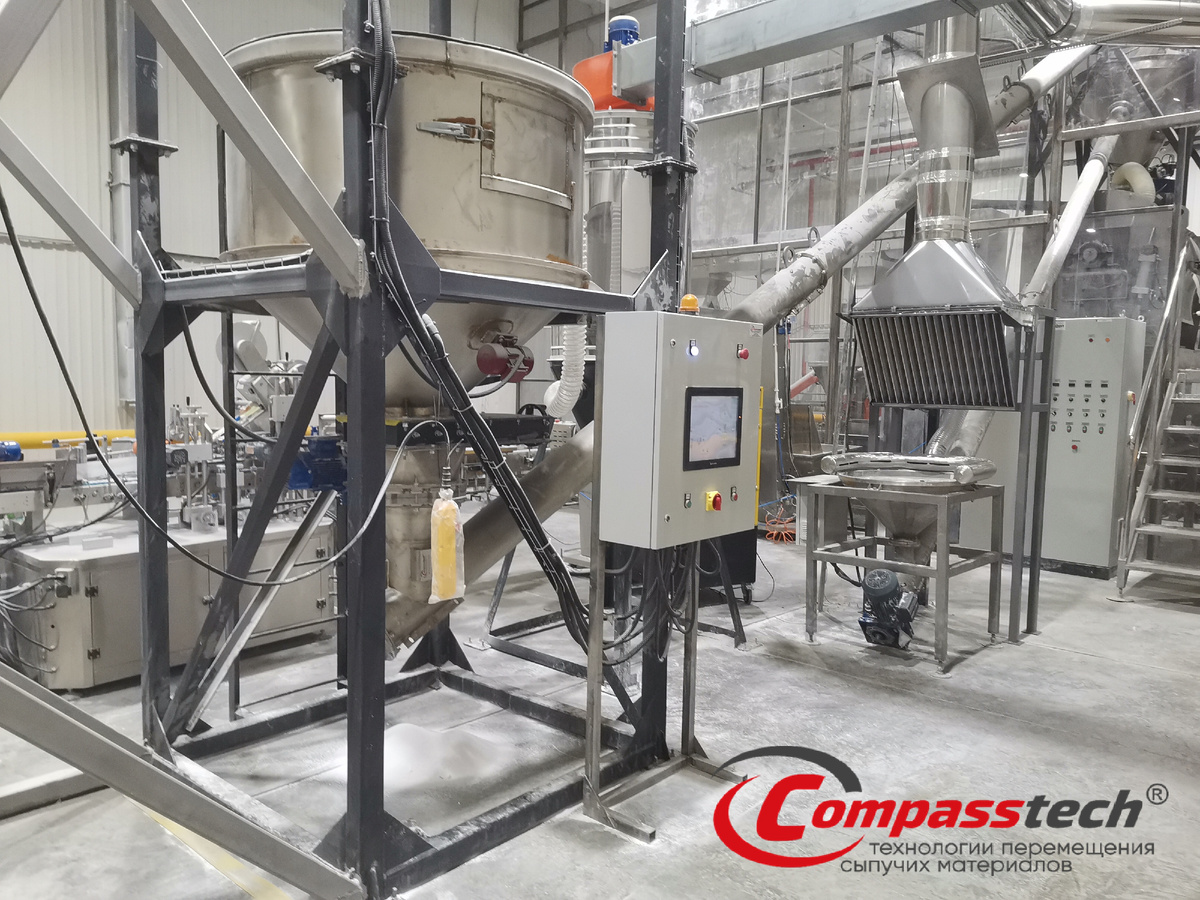 Растариватель и шнек из нержавеющей стали на производственной линии приготовления сухих смесей на химическом производстве. Архив Compasstech.