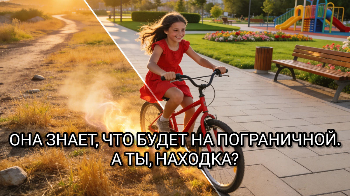 ИИ-визуализация сквера на улице Пограничная в Находке (Приморский край). Девочка на красном велосипеде едет из пыльной сухой травы в современный зелёный парк. Символ благоустройства и перемен. Проект инициативной группы жителей, голосование за будущее района.