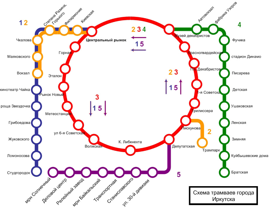 посмотрите, как ярко и необычно выглядит современная схема движения трамваев Иркутска! Нас интересует тёмно-филетовая ветка (трамвай N-1)