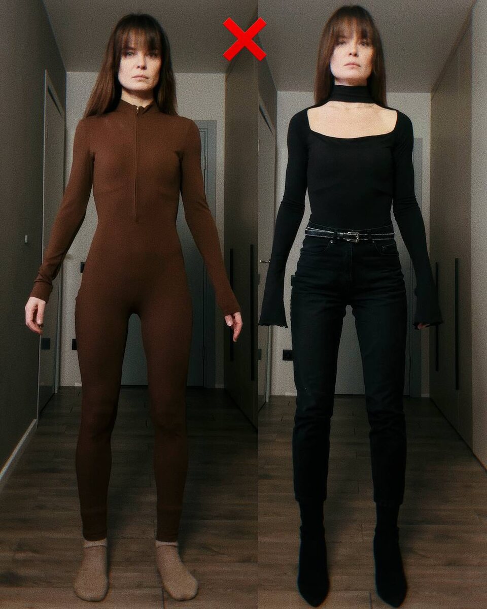 В первом и втором образе мы как раз увидели этот эффект:
- узкие силуэты без акцентов только усилили ощущение прямых линий.
- Фигура прямоугольник стала ещё более прямой.