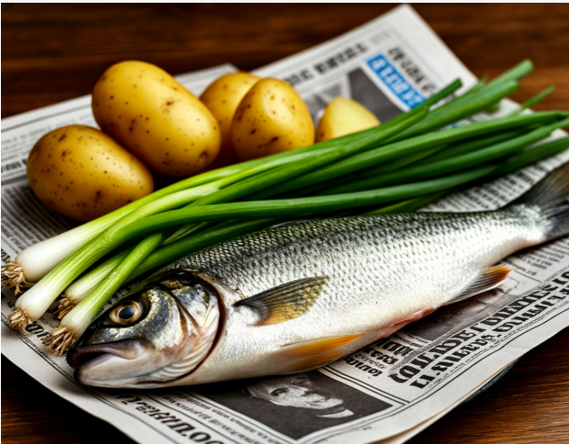 Рыба на газете рядом лук зеленый и картофель отварной как представляет ее Шедеврум