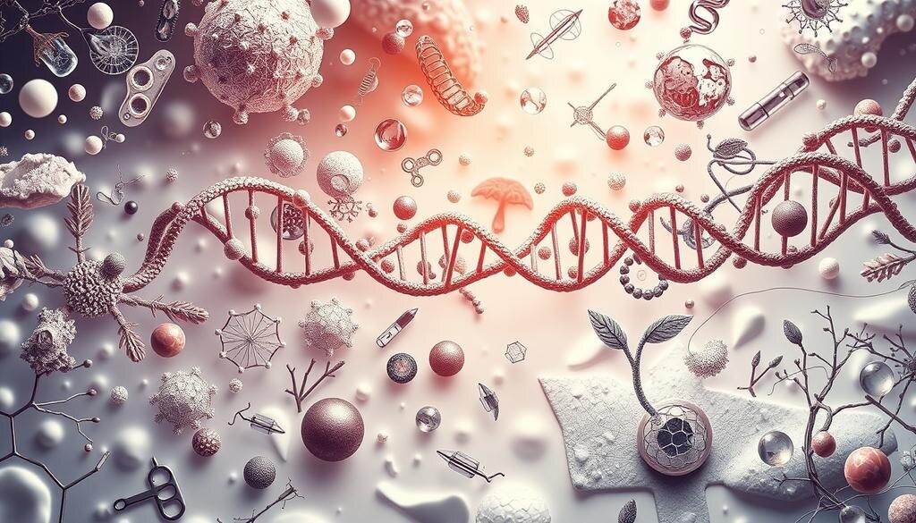    Иллюстрация, изображающая суть биологии как науки о жизни, с микроскопическими элементами, такими как цепочки ДНК, клетки и экосистемы в гармонии, символизируя взаимосвязанность форм жизни.