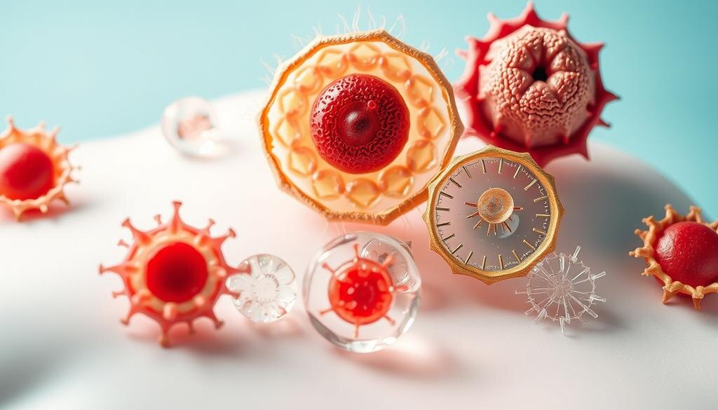    Визуальное представление клеточных структур, показывающее клетки в различных формах, включая растительные и животные клетки, с акцентом на ядро, подчеркивающее основы клеточной теории.