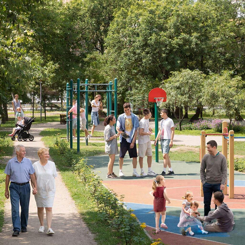 Семья с детьми, пожилая пара и молодёжь на велосипедах гуляют в благоустроенном парке — сквер на Пограничной в Находке должен стать местом для всех возрастов