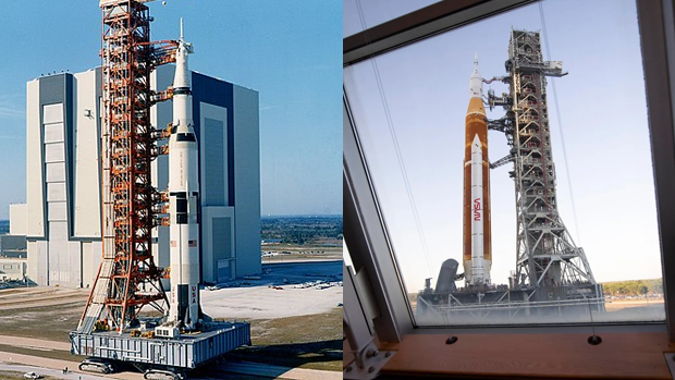 Слева — старт "Сатурна-5" (миссия "Аполлон-11" или -17). Справа — ракета SLS на стартовом столе в 2026 году перед "Артемидой-2" 
