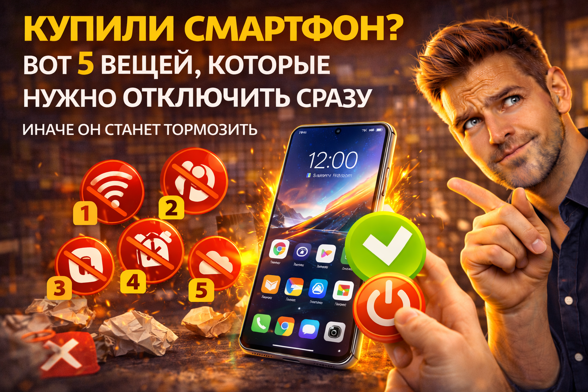 Смартфон в руках пользователя: 5 настроек, которые нужно отключить сразу после покупки, чтобы избежать тормозов и лагов. Иконки анимаций, автосинхронизации и фоновых приложений с красными крестиками — быстрый гайд по оптимизации Android.