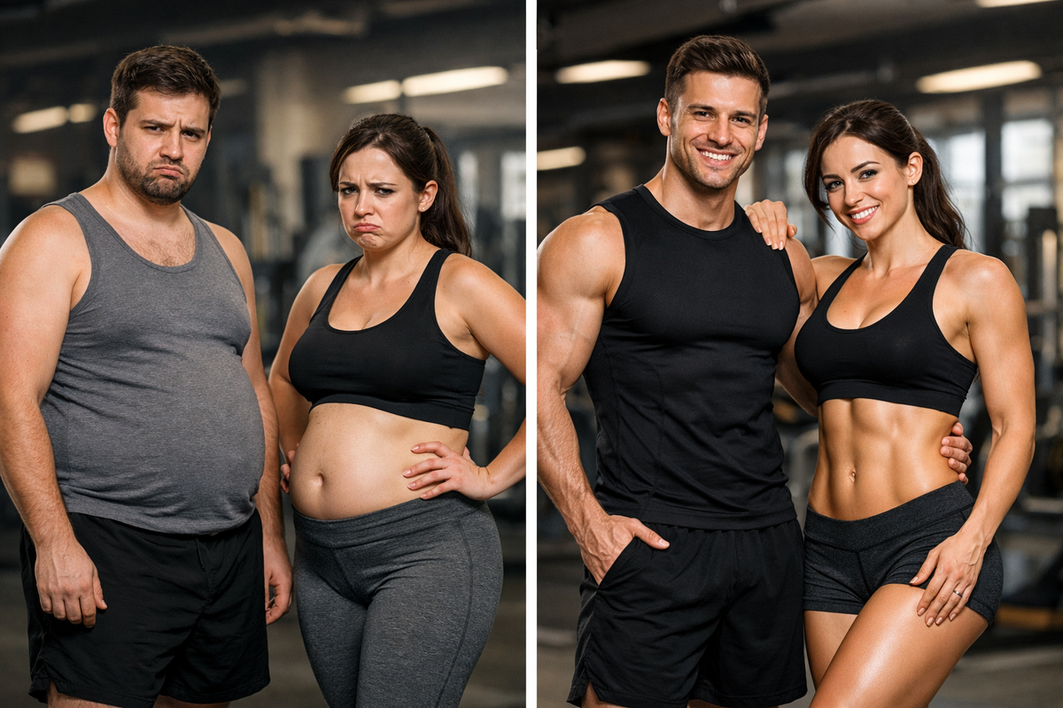 Что такое "сушка?" слева — спортивная пара до сушки, справа — после сушки (меньше жира, больше рельеф, подтянутая форма).