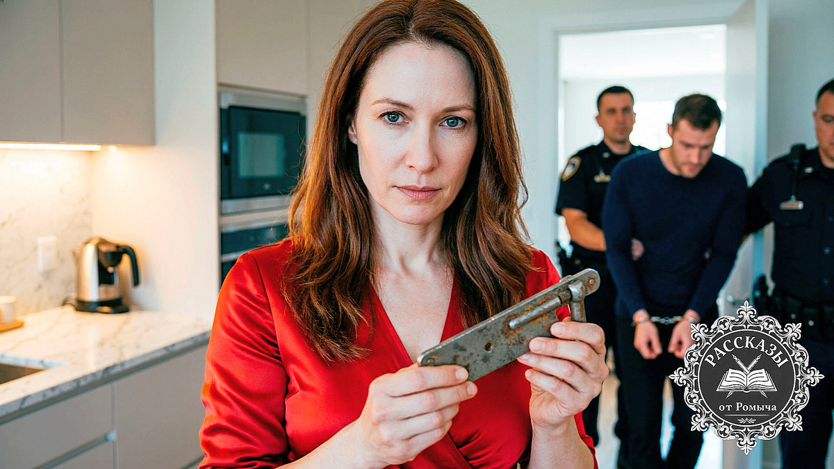 Женщина в красном платье на кухне держит сломанный замок после ареста мужа-мошенника